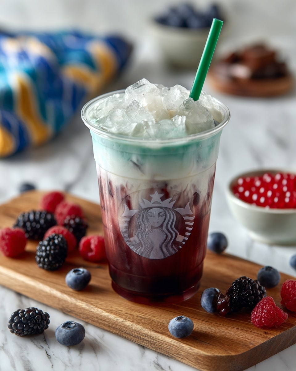A clear plastic cup with the Starbucks logo shows a layered drink with three colors: dark red at the bottom, light blue in the middle, and white icy foam on top. A green straw is inserted near the top. The cup sits on a wooden board on a white marbled surface, surrounded by fresh berries including raspberries, blueberries, and blackberries. In the background, there is a small bowl of red pearls and a colorful towel with blue and yellow designs. Photo taken with an iphone --ar 4:5 --v 7