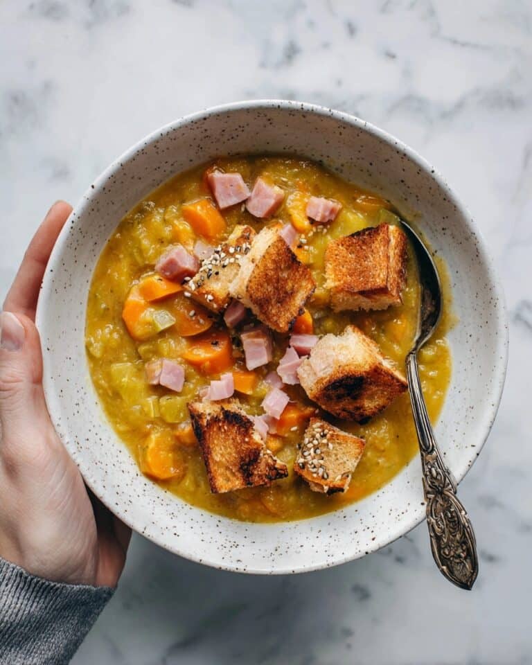 Split Pea Soup with Ham and Crispy Garlic Croutons Recipe