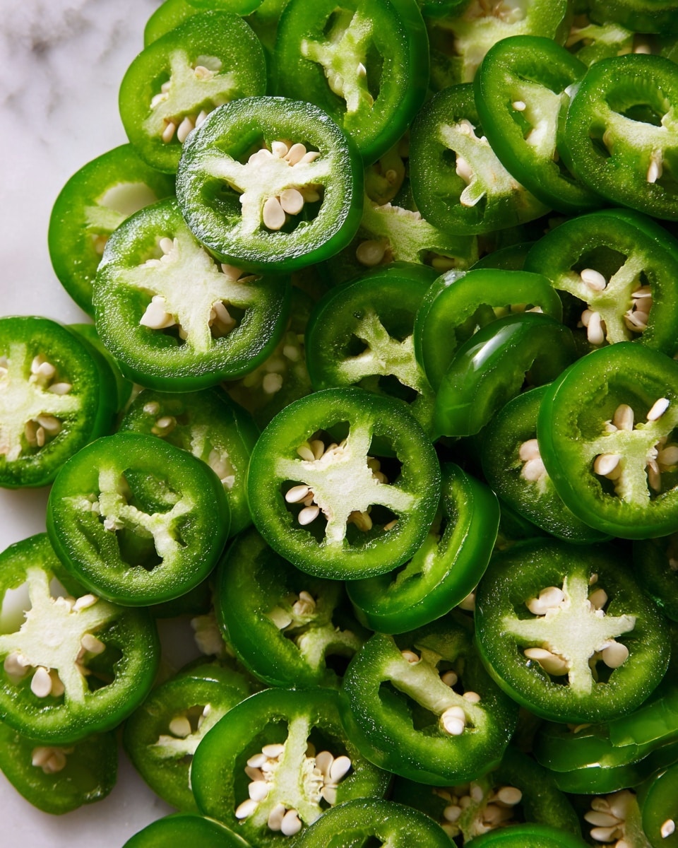 The image shows a close-up view of many thin slices of green jalapeño peppers piled together. Each slice reveals the shiny, smooth green outer skin with pale white seeds and inner ribs clearly visible. The jalapeño slices are arranged in a loose heap, filling the entire frame. The background is a white marbled texture. The photo has bright lighting that highlights the fresh texture of the peppers. Photo taken with an iphone --ar 4:5 --v 7