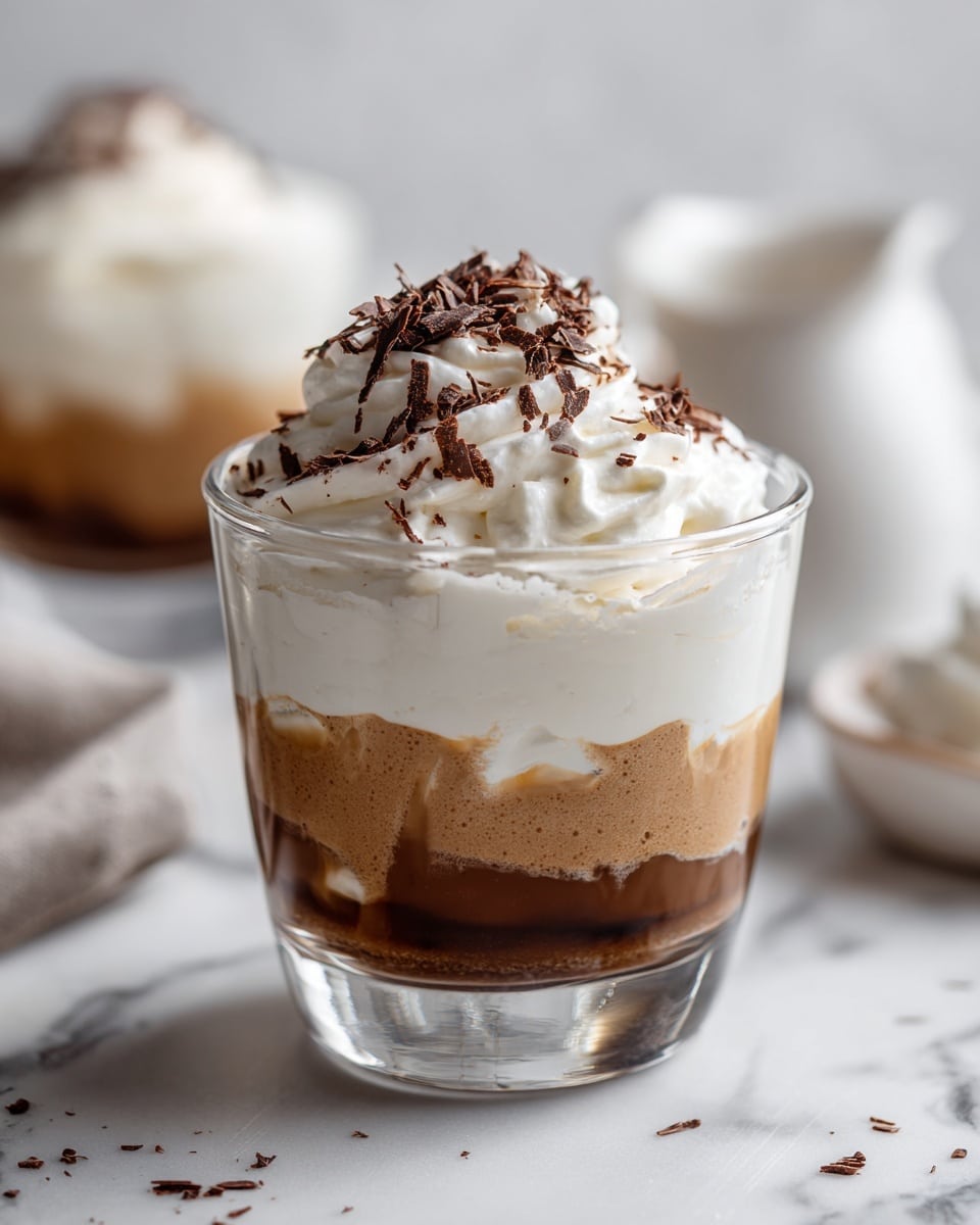 The image shows a clear glass filled with a creamy beige whipped drink topped with a swirl of white whipped cream. The whipped cream is sprinkled with fine chocolate shavings that add a dark brown contrast. The drink looks foamy and smooth beneath the whipped cream. The glass sits on a white marbled surface, and a second similar glass is seen blurred in the background. The lighting is soft and natural, highlighting the texture of the whipped cream and the chocolate sprinkles. Photo taken with an iphone --ar 4:5 --v 7