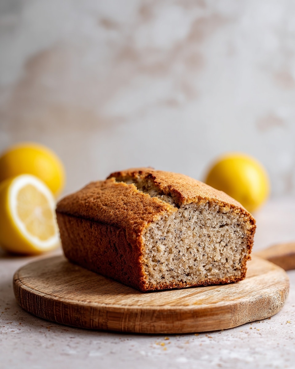 A loaf of light brown cake with a slightly rough texture and a cracked top is shown resting on a round wooden board. The cake's inside looks soft and speckled with small bits, indicating mixed ingredients. Behind the loaf on the left side, there are two halves of a yellow lemon, one standing and the other leaning on its side. The scene is set against a white marbled texture background. Photo taken with an iphone --ar 4:5 --v 7