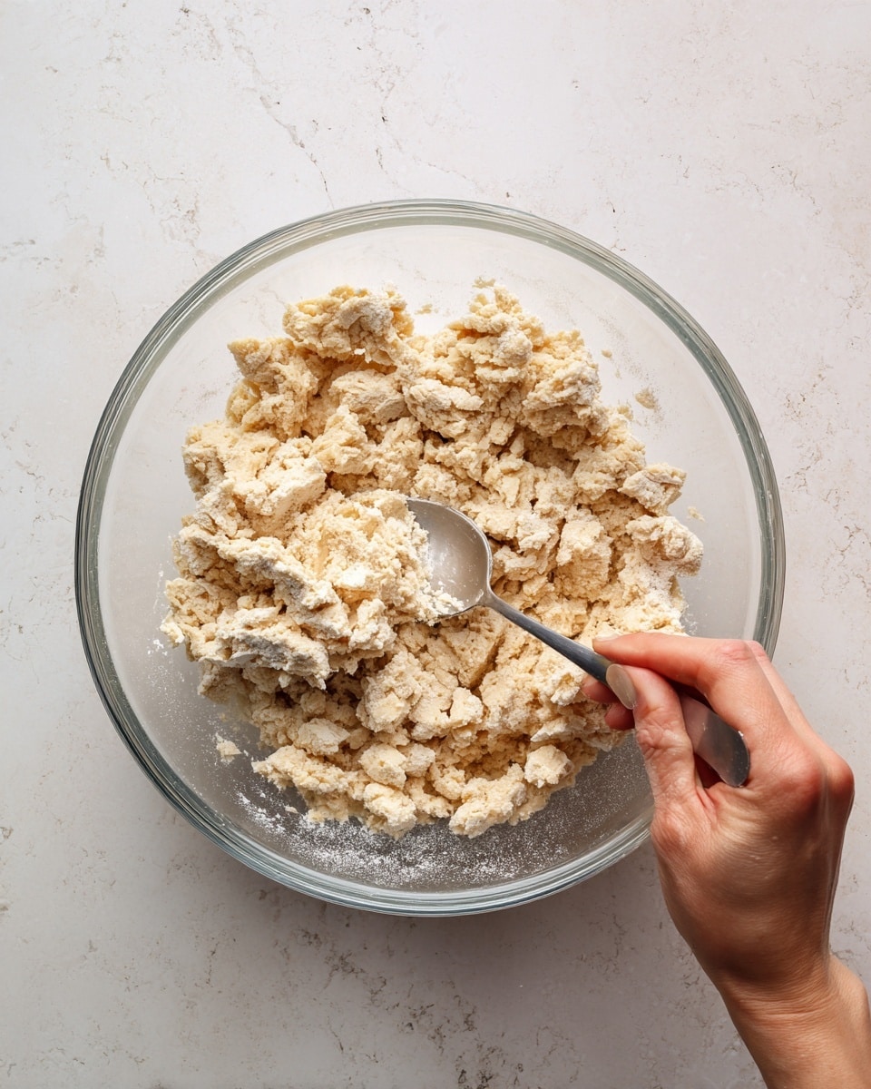 A clear glass bowl sits on a white marbled surface, filled with a textured mixture of light beige dough clumps that have a slightly rough and crumbly look. A woman's hand is holding a silver spoon, stirring the dough gently, with some flour still visible on the dough, showing it is in the early stages of mixing. The overall look is soft with uneven lumps, and the scene is well lit to show detail in the dough mixture. photo taken with an iphone --ar 4:5 --v 7