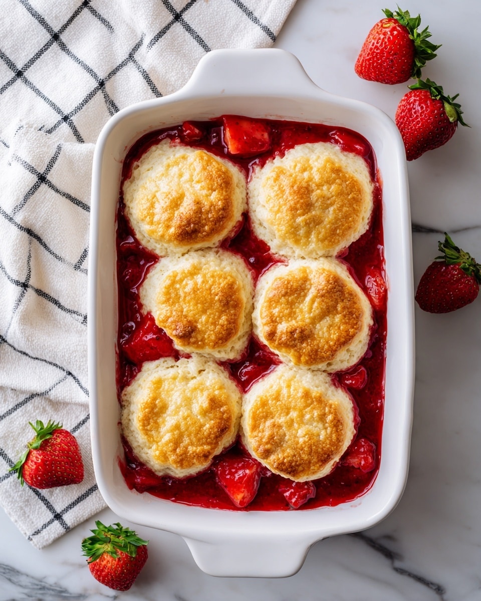 A white ceramic rectangular dish filled with five round golden-brown biscuit patties arranged in two rows, sitting on a layer of bright red strawberry filling that appears juicy and slightly thick, with whole strawberry pieces visible underneath and around the edges of the biscuits. The dish rests on a white marbled surface with a white cloth featuring black grid lines folded to the upper left side, and whole fresh strawberries scattered around the scene. The strawberry filling slightly spills over the dish edges, giving a fresh, homemade look. Photo taken with an iphone --ar 4:5 --v 7