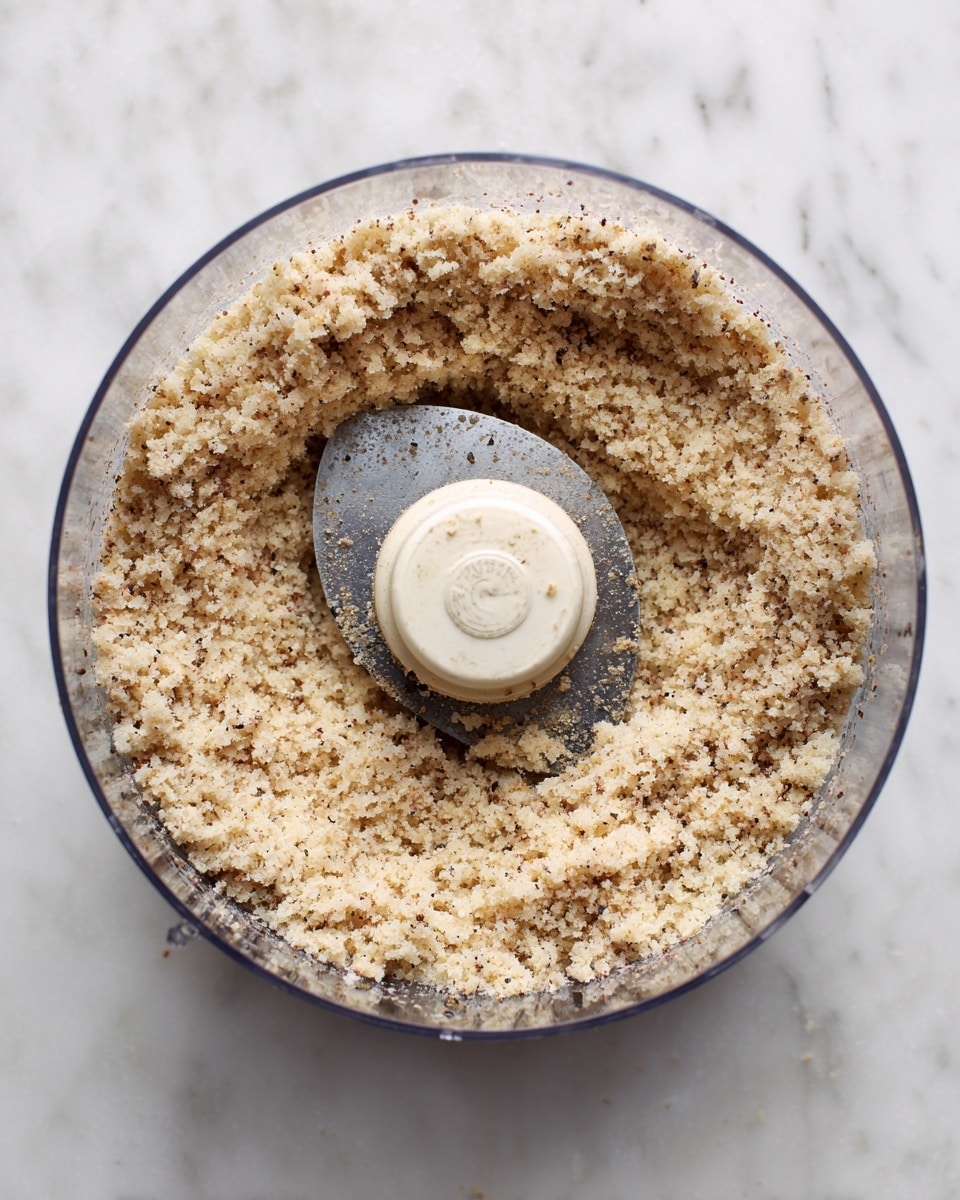 A clear plastic food processor bowl holds a coarse, crumbly mixture with a light beige and speckled dark brown color, loosely packed around the metal blade in the center. The bowl surface shows small bits scattered inside, and the background is a white marbled texture. The mixture forms an uneven circular layer around the blade. Photo taken with an iphone --ar 4:5 --v 7