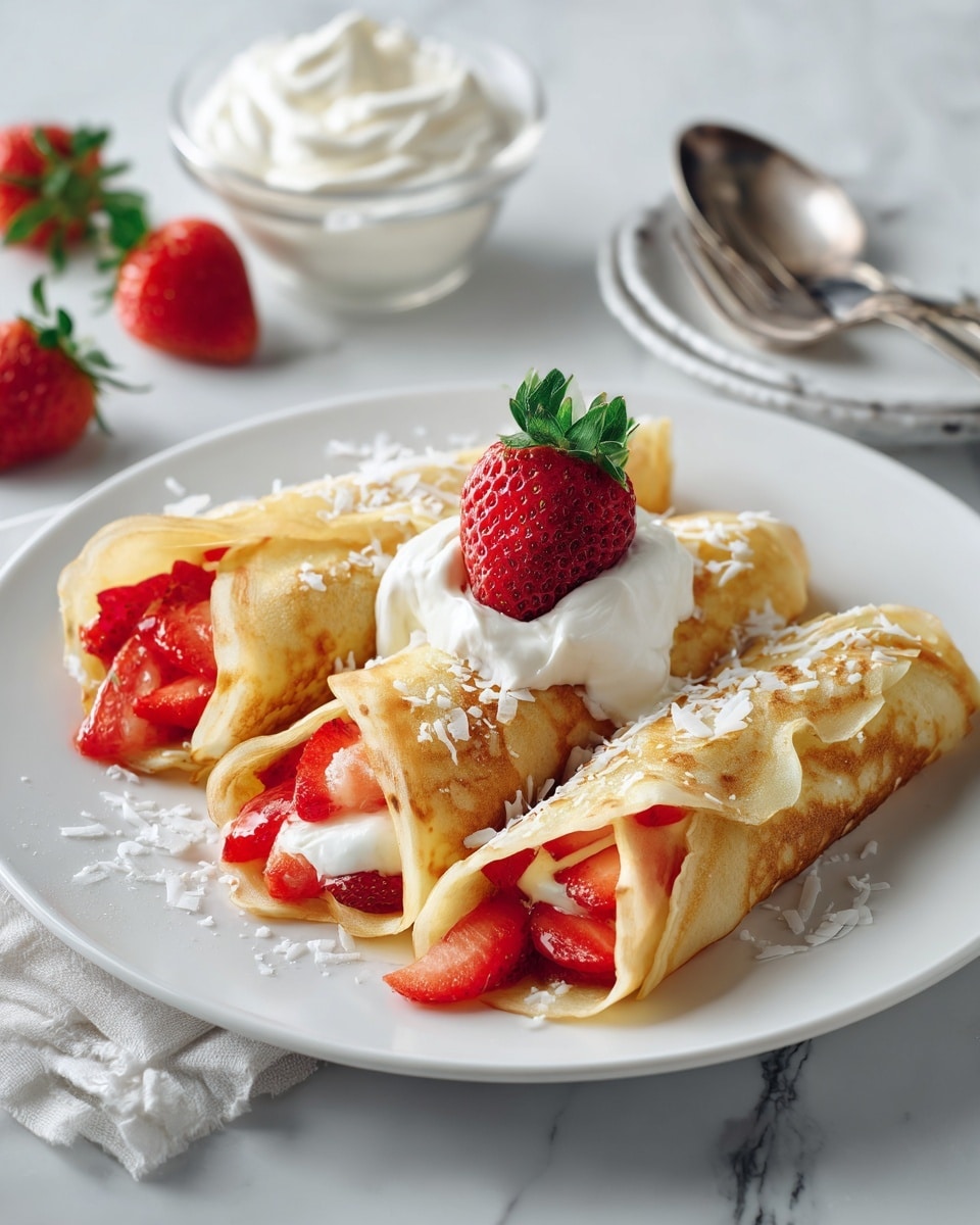 A white plate holds three folded golden-brown crepes, each filled with bright red strawberry slices and topped with white cream. The crepes are sprinkled with white coconut flakes, adding texture on top. In the middle crepe, a dollop of cream is crowned with a vibrant red strawberry with green leaves. In the background, a clear glass bowl with white cream and a silver spoon rest on a white marbled surface. A silver spoon lies near the plate, and fresh strawberries are partly visible nearby. The overall setting is bright and clean with a white marbled texture background. photo taken with an iphone --ar 4:5 --v 7