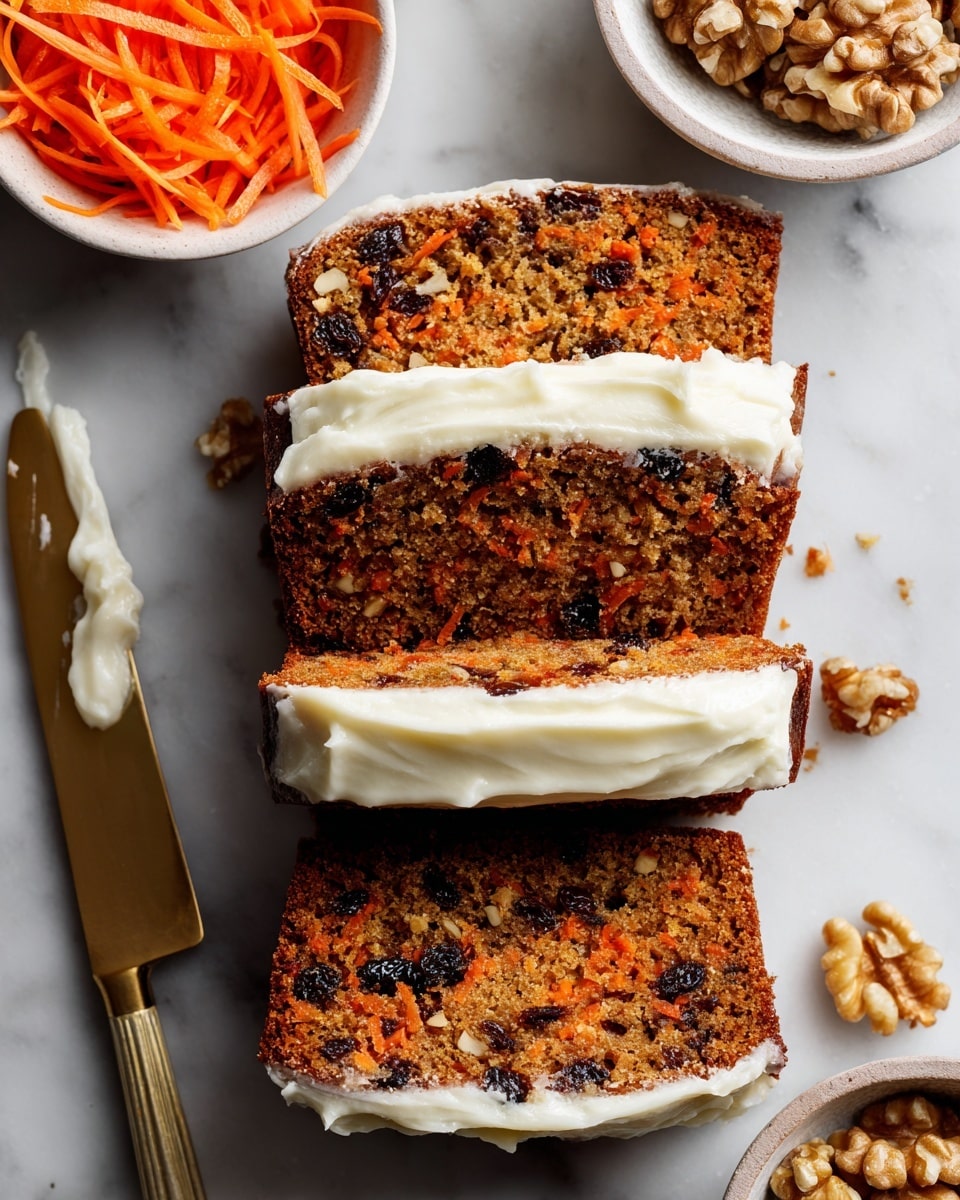 The image shows five slices of carrot cake bars lined up on a white marbled surface, each with two layers: a moist, brownish-orange carrot cake base with visible raisins and grated carrot pieces, topped with a thick, smooth, white creamy frosting layer. To the left, a white bowl filled with bright orange grated carrots and a round piece of the creamy white frosting are visible. A yellow banana with dark spots is placed to the right side, near a gold butter knife with some frosting on its blade, lying flat on the white marbled surface. Photo taken with an iphone --ar 4:5 --v 7