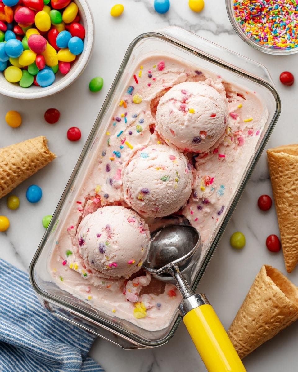A clear rectangular glass dish holds light pink ice cream with many colorful confetti sprinkles mixed in and scattered on top. Three round scoops of the ice cream are placed in the dish, showing a creamy and slightly textured surface. A metal ice cream scoop with a bright yellow handle rests on the bottom right side of the dish, slightly inside the ice cream. Around the container, bright round candies in red, yellow, blue, green, and pink are scattered. To the left, there is a white bowl filled with shiny colorful candies, and a blue and white striped cloth is partially visible. In the top right corner, two beige waffle cones lie on a white marbled surface, along with a part of a clear glass dish with more colorful sprinkles. photo taken with an iphone --ar 4:5 --v 7