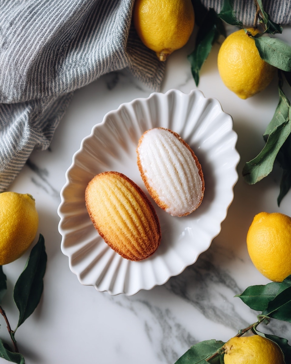 A white shell-shaped plate holds two madeleines placed side by side: the one on the left is fully visible, showing a smooth, light golden-yellow surface with a cozy fluffy texture, while the one on the right is covered with a thin, slightly shiny white icing that highlights the shell’s ridges. The plate is set on a white marbled surface, surrounded by fresh whole lemons with bright yellow skin and green leafy branches scattered around. A gray and white striped cloth is partially visible in the background. Photo taken with an iphone --ar 4:5 --v 7
