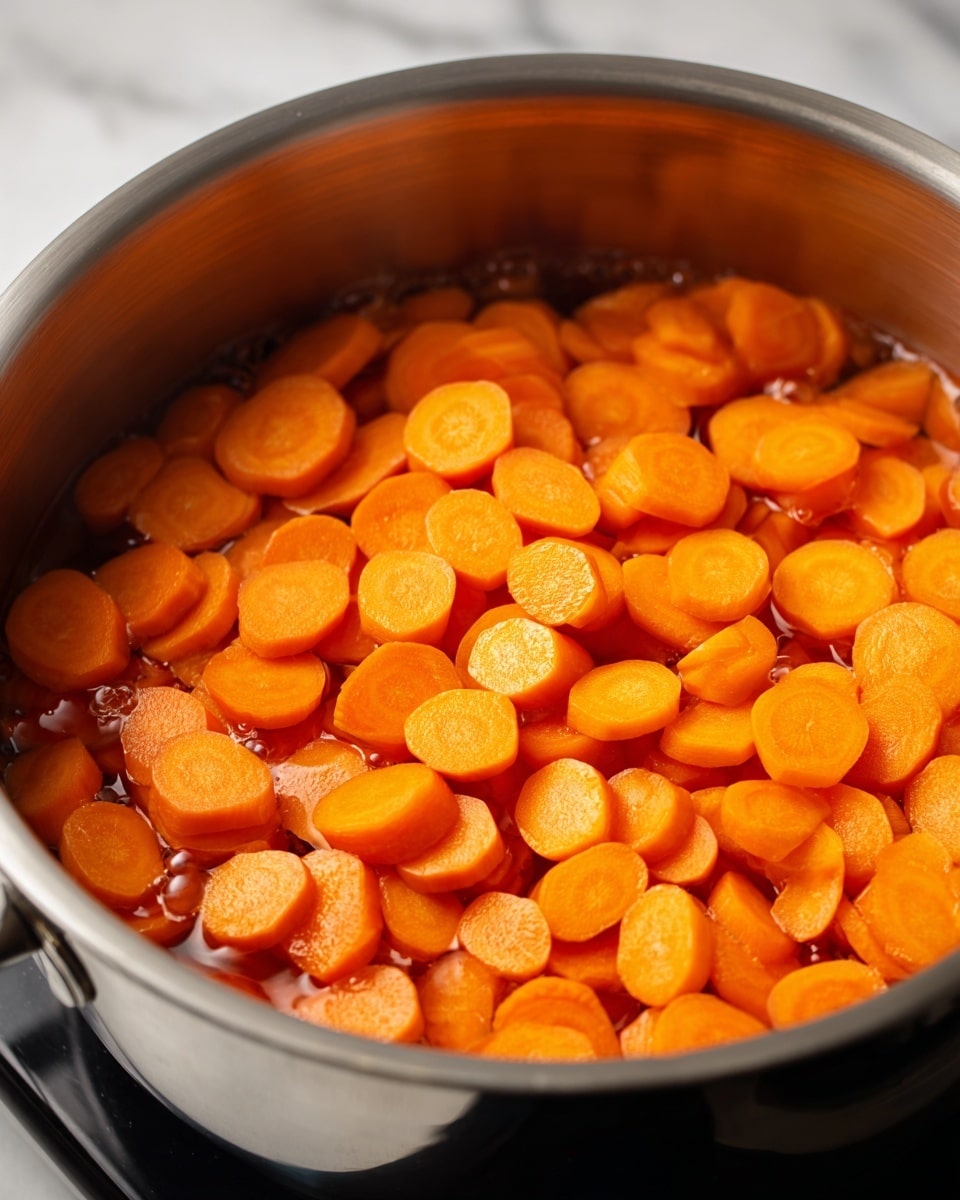 A close-up image shows a silver pot with shiny inside, filled with small, thin, round orange carrot slices cooking in oil. The carrots look soft and warm, scattered evenly across the bottom of the pot. The shiny pot reflects white light spots, adding brightness. The scene is focused on the cooking carrots inside the pot, with a smooth black stove edge visible below. The background is a white marbled texture photo taken with an iphone --ar 4:5 --v 7