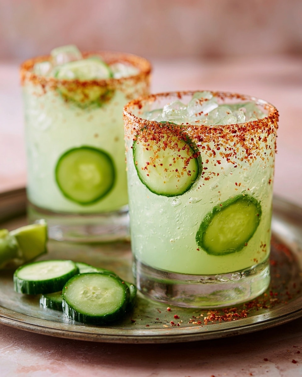 The image shows two clear glasses filled with a pale green drink and ice cubes, each glass garnished with a slice of cucumber inside and a rim coated with reddish seasoning. The glasses sit on a vintage metal tray with a worn, matte finish. In the foreground, a few fresh cucumber slices rest on the tray, while the background has a soft pink tone. The detailed texture of the seasoning contrasts with the smooth glass and crisp ice cubes, creating a fresh and inviting look. photo taken with an iphone --ar 4:5 --v 7