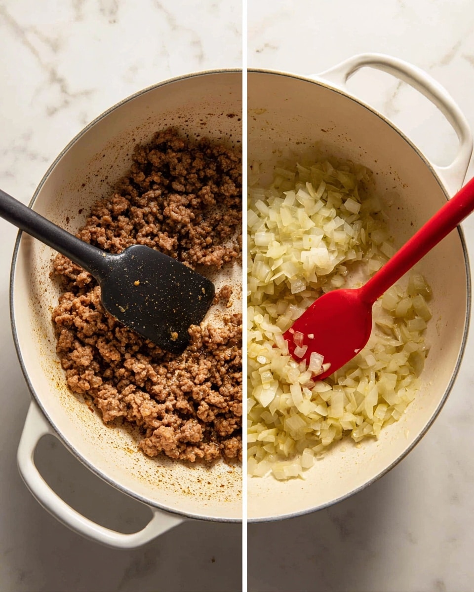 The image shows two close-up views of a white pot on a white marbled surface. The left side shows browned ground meat evenly cooked and broken up with a black spatula resting inside the pot. On the right side, finely chopped onions are being stirred in oil with a red spatula inside the same white pot, the onions appearing soft and translucent with a light yellow color from the oil. The pot has a slightly worn interior with seasoning marks. photo taken with an iphone --ar 4:5 --v 7