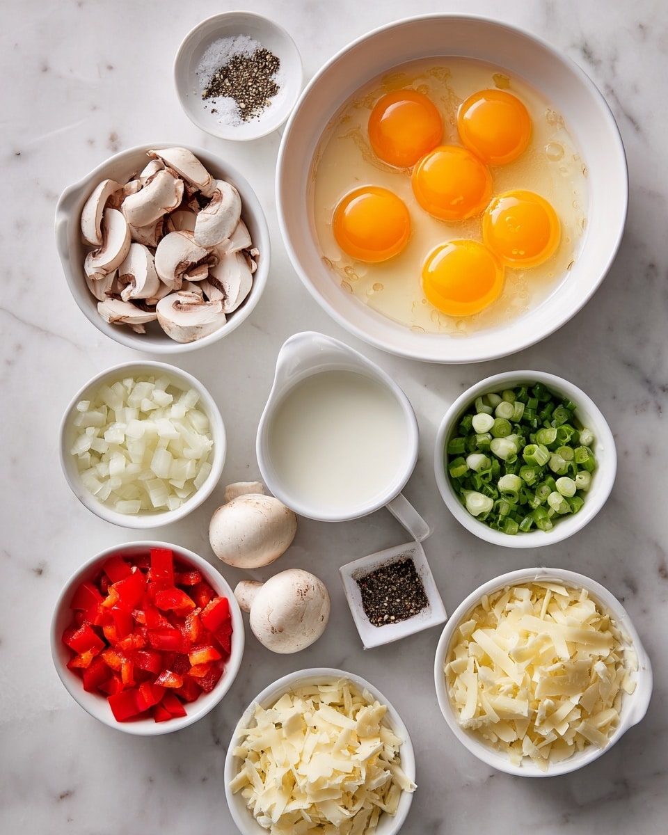 The image shows several white bowls and small dishes arranged on a white marbled surface, each containing different cooking ingredients. At the top, a large white bowl holds many raw eggs cracked open, with bright orange yolks floating in clear egg whites. Below it, a white cup filled with creamy white milk adds contrast. Around these, smaller bowls hold diced red tomatoes, chopped white onions, sliced white mushrooms, diced red bell peppers, chopped green onions, and shredded pale yellow cheese. A tiny white dish of black pepper and another of salt complete the neat, colorful display. Photo taken with an iphone --ar 4:5 --v 7