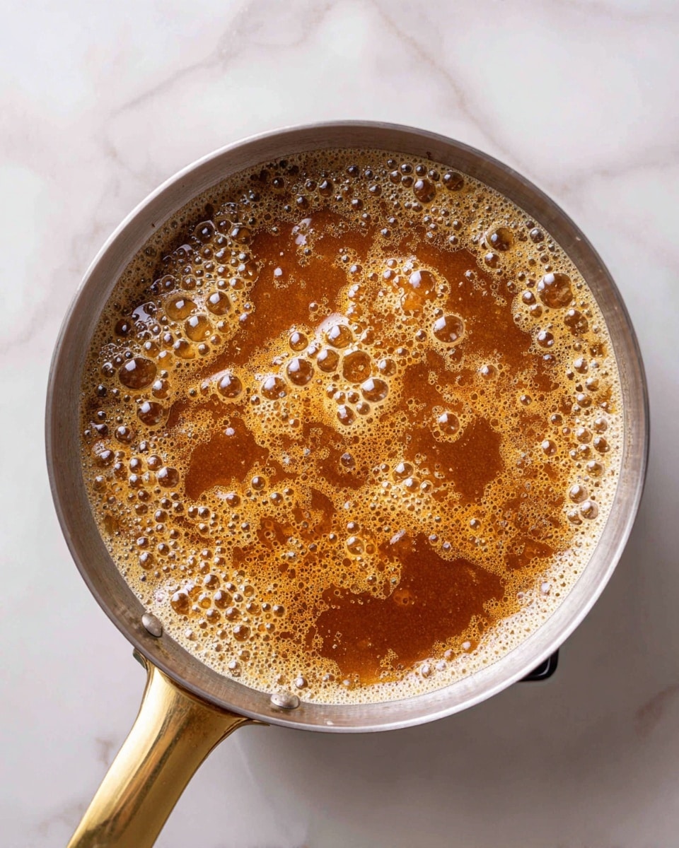 The image shows a close-up of a metal pan with a golden handle, sitting on a stovetop with a white marbled surface beneath. Inside the pan, there is a bubbling caramel mixture with rich amber and light brown colors, covered in plenty of small and medium bubbles, creating a foamy texture across the surface of the liquid. The bubbles give a sense of the caramel being in the middle of cooking, with some areas darker and thicker than others, showing the caramel turning to a deep golden brown. Photo taken with an iphone --ar 4:5 --v 7