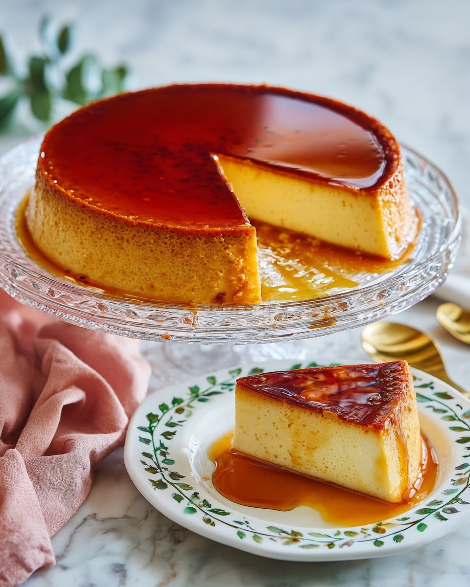 Two slices of flan with three visible layers: a top shiny caramel brown layer that looks smooth, a thick middle creamy light yellow layer, and a thin bottom caramel brown layer; one slice is on a white plate with a leaf pattern and a pink cloth underneath, the other on a similar plate in the background; behind them is a larger flan on a clear glass cake stand; to the right is a floral teacup filled with tea; all are placed on a white marbled surface; photo taken with an iphone --ar 4:5 --v 7
