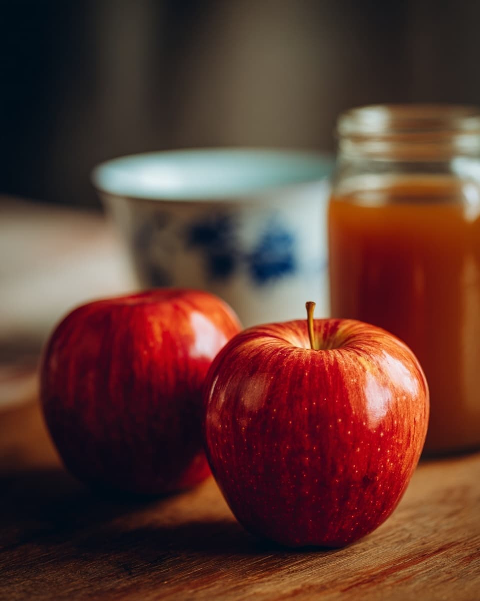 The image shows two shiny red apples placed on a wooden surface with a blurred view of a white bowl with blue patterns in the background. On the right side, there is a tall glass jar filled with brown liquid. The focus is on the apples in the front, capturing their smooth and bright skin. The background is soft and slightly out of focus, giving depth to the image. The overall setting has warm light that highlights the colors well, with the tabletop providing a natural and rustic feel. photo taken with an iphone --ar 4:5 --v 7