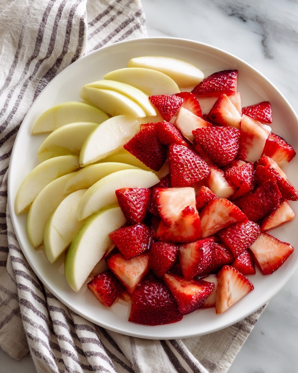 A white deep plate holds two layers of fresh fruit; the bottom layer is made of pale yellow apple slices arranged evenly, while the top layer is strewn with bright red strawberry halves and quarters, creating a colorful contrast. The plate is placed on a white marbled surface with a striped cloth nearby. The strawberries are glossy and juicy, covering the apple slices in a casual, scattered way. photo taken with an iphone --ar 4:5 --v 7