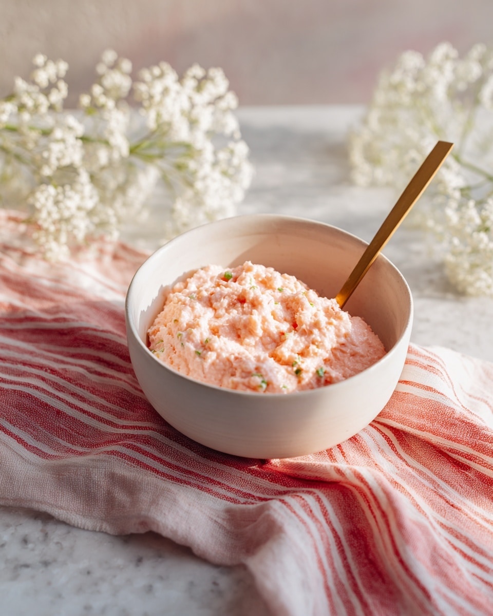 In a white bowl placed on a red and white striped cloth over a white marbled surface, there is a pale pinkish mixture containing small green bits scattered throughout, giving a speckled effect. A golden spoon rests inside the bowl, partially submerged in the soft, slightly lumpy mixture, which looks moist and thick. In the background, small white flowers add a delicate touch to the scene. The light shines softly on the bowl, creating gentle shadows and highlights. photo taken with an iphone --ar 4:5 --v 7