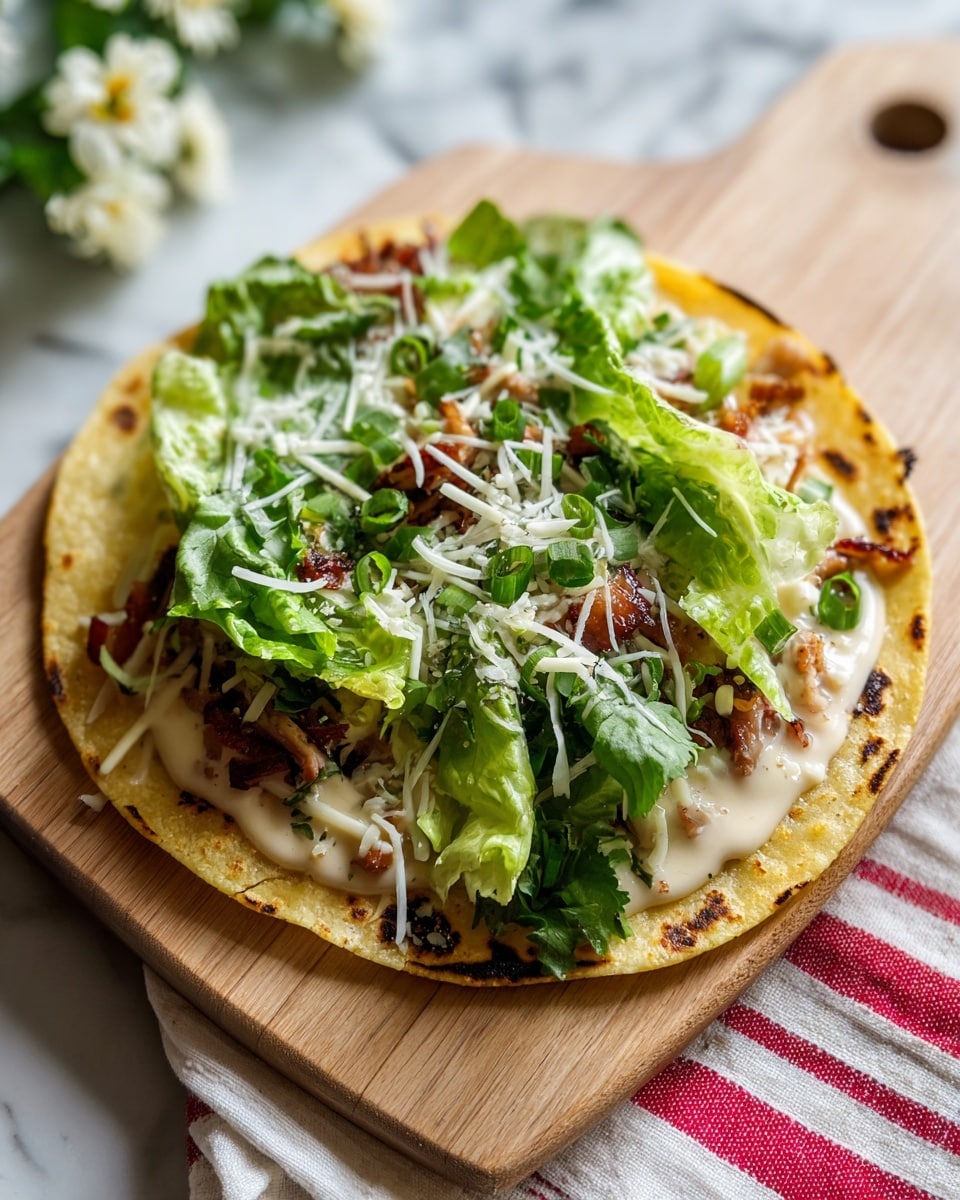 A small, round yellow corn tortilla with slight char marks sits on a light wooden board on a white marbled surface with a red and white striped cloth underneath. The tortilla is topped with a smooth pale creamy sauce layer, followed by fresh bright green leafy lettuce. Shredded white cheese and chopped green onions are sprinkled on top, adding texture and color contrast. Some small bits of cooked meat are visible underneath the lettuce, adding a hearty touch. White flowers are softly blurred in the background. Photo taken with an iphone --ar 4:5 --v 7