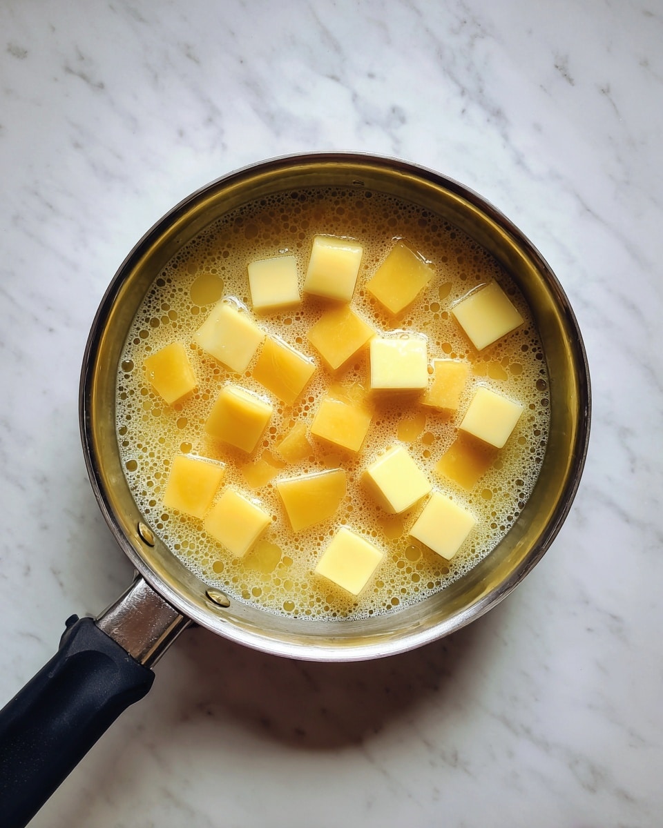 A small silver pan with a black handle filled with a light golden liquid in which small, soft yellow and orange cubes float. The cubes vary slightly in size and have a smooth texture. The pan sits on a white marbled surface, and the lighting shows small bubbles in the liquid, adding a fresh and warm look to the scene. photo taken with an iphone --ar 4:5 --v 7