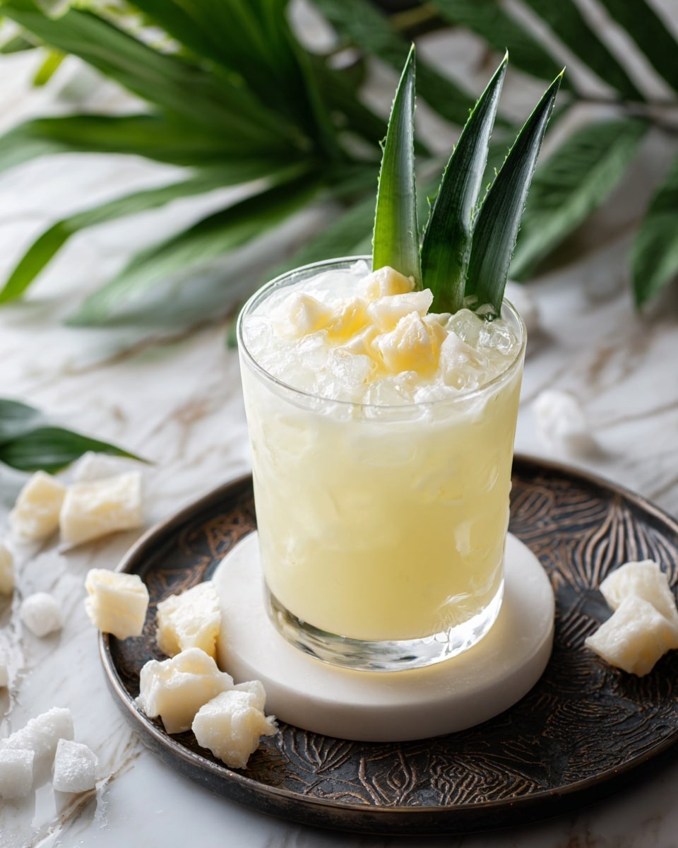 A clear glass filled with a creamy pale yellow drink sits on a white circular coaster that rests on a dark decorative tray. The drink has visible ice cubes inside and is topped with small white curved pieces, likely marshmallows or similar. Two sharp green pineapple leaves are placed sticking out from the drink, adding a fresh contrast. Around the tray are scattered white irregular chunks, resembling dried fruit or sugar pieces. The background shows blurred green leaves and the whole scene is set on a white marbled surface. Photo taken with an iphone --ar 4:5 --v 7