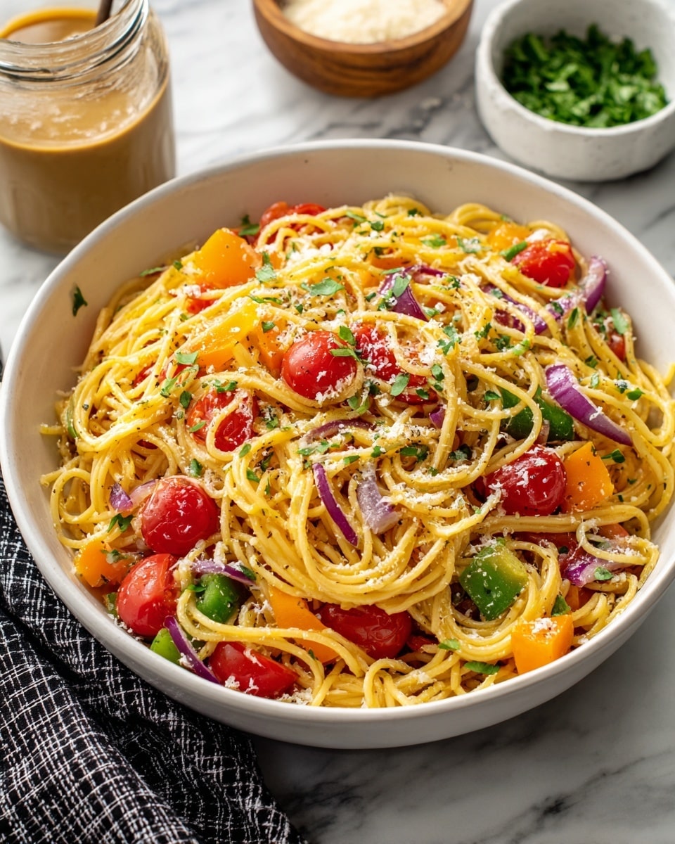 A white bowl filled with a colorful pasta salad showing layers of thin yellow spaghetti noodles mixed with bright red cherry tomato halves, green bell pepper pieces, cubes of orange cheese, and thin slices of purple onion, all sprinkled with a light dusting of grated cheese and small green herb bits. The bowl is placed on a white marbled surface next to a small wooden bowl of grated cheese, a glass jar with light brown dressing, and another white bowl with chopped green herbs nearby. A black and white checkered cloth is partly visible at the bottom left corner. photo taken with an iphone --ar 4:5 --v 7