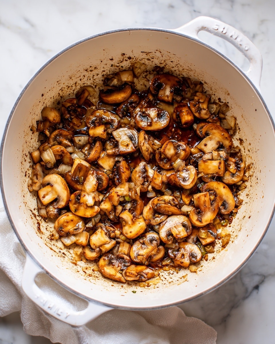 Inside a white pot, there is one layer of cooked mushrooms mixed with small pieces of light brown and slightly green vegetables, all coated with a dark brown sauce that sticks to the sides of the pot. The mushrooms are a golden brown with some darker caramelized spots, while the vegetables look soft and slightly translucent. The pot is clean except for bits of sauce and food stuck around the middle and near the top edge. The whole scene is on a white marbled surface with a bit of a white cloth visible at the bottom edge. photo taken with an iphone --ar 4:5 --v 7