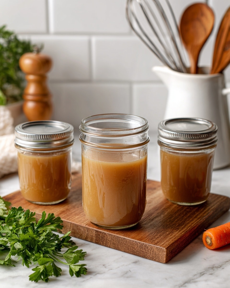 The image shows two clear glass jars filled with golden brown liquid placed on a wooden board over a white marbled surface. The jar in the front is slightly bigger and has embossed lettering and design, while the smaller jar behind it has a silver metal lid. Fresh green parsley is visible on the left bottom corner, and there are a few scattered herbs and an orange carrot piece on the board. The background is a white tile wall with a white container holding wooden utensils slightly blurred in the back. Photo taken with an iphone --ar 4:5 --v 7
