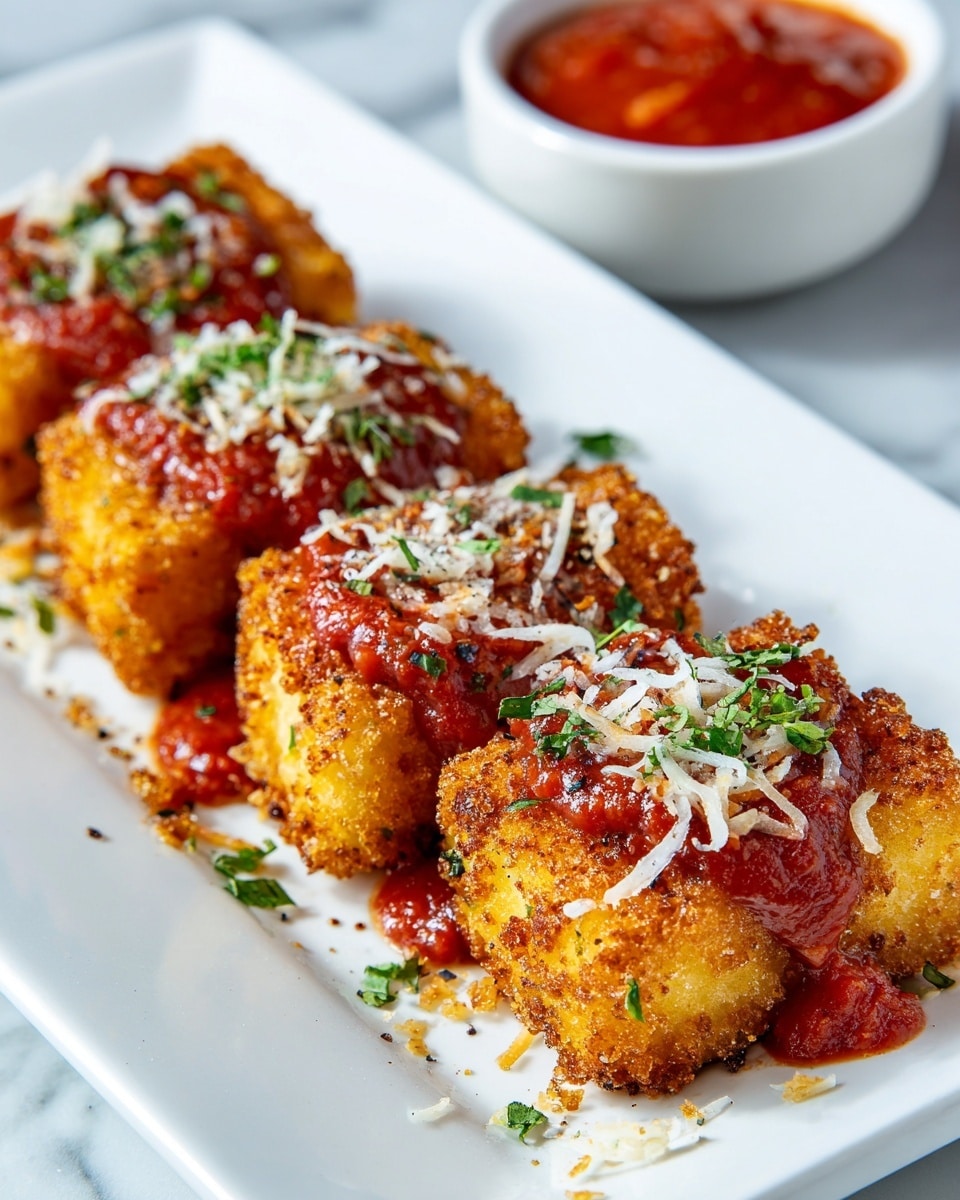 The dish shows a stack of fried layers with a golden brown crispy outer crust, inside is a creamy white cheese filling and soft yellow pasta sheets. On top, there is a bright red tomato sauce dolloped unevenly and some shredded cheese sprinkled over. The plate is white with a textured pattern and the background surface is a white marbled texture. Photo taken with an iphone --ar 4:5 --v 7