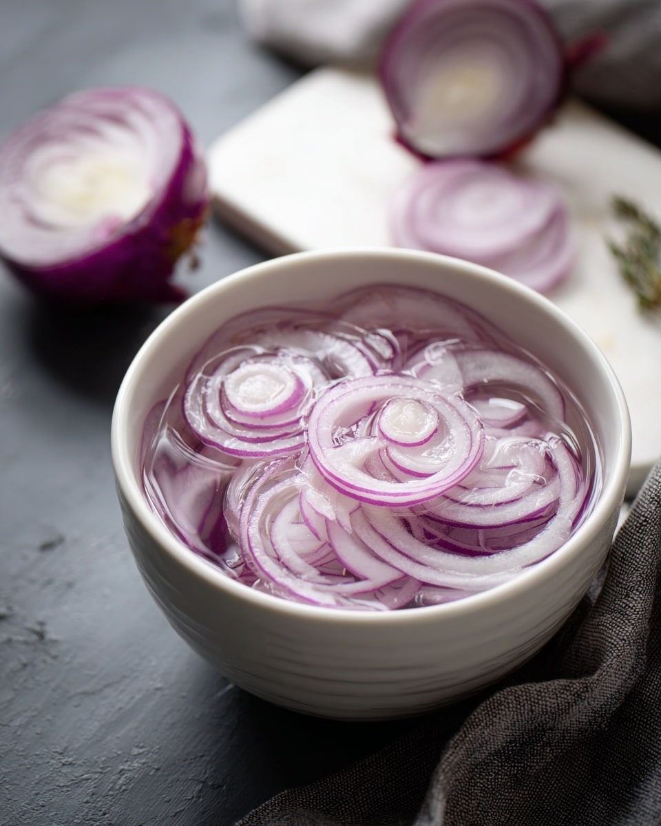 A white bowl filled with thin, curved slices of purple and white onion soaked in clear water, sitting on a dark gray surface next to a white cutting board holding half of a purple onion with white stripes visible. The background has a soft focus with white tones. Photo taken with an iphone --ar 4:5 --v 7