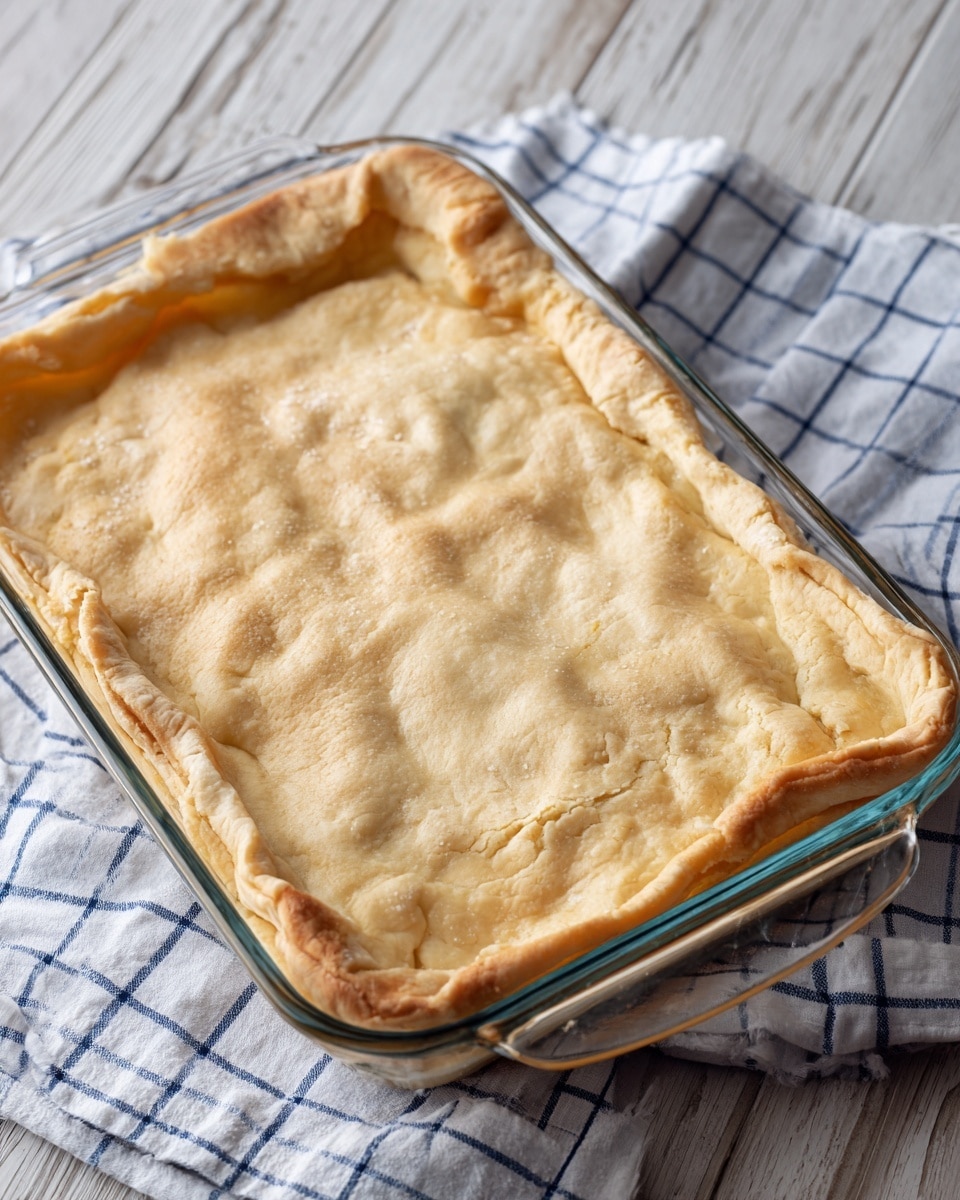 The image shows a single large layer of baked dough in a clear rectangular glass baking dish. The dough is light golden brown and slightly uneven in thickness with some visible folding and small fork holes throughout. The edges are thicker and crimped slightly against the sides of the dish. The baking dish is resting on a white and blue checkered cloth over a wooden table with a white marbled texture behind it. Photo taken with an iphone --ar 4:5 --v 7
