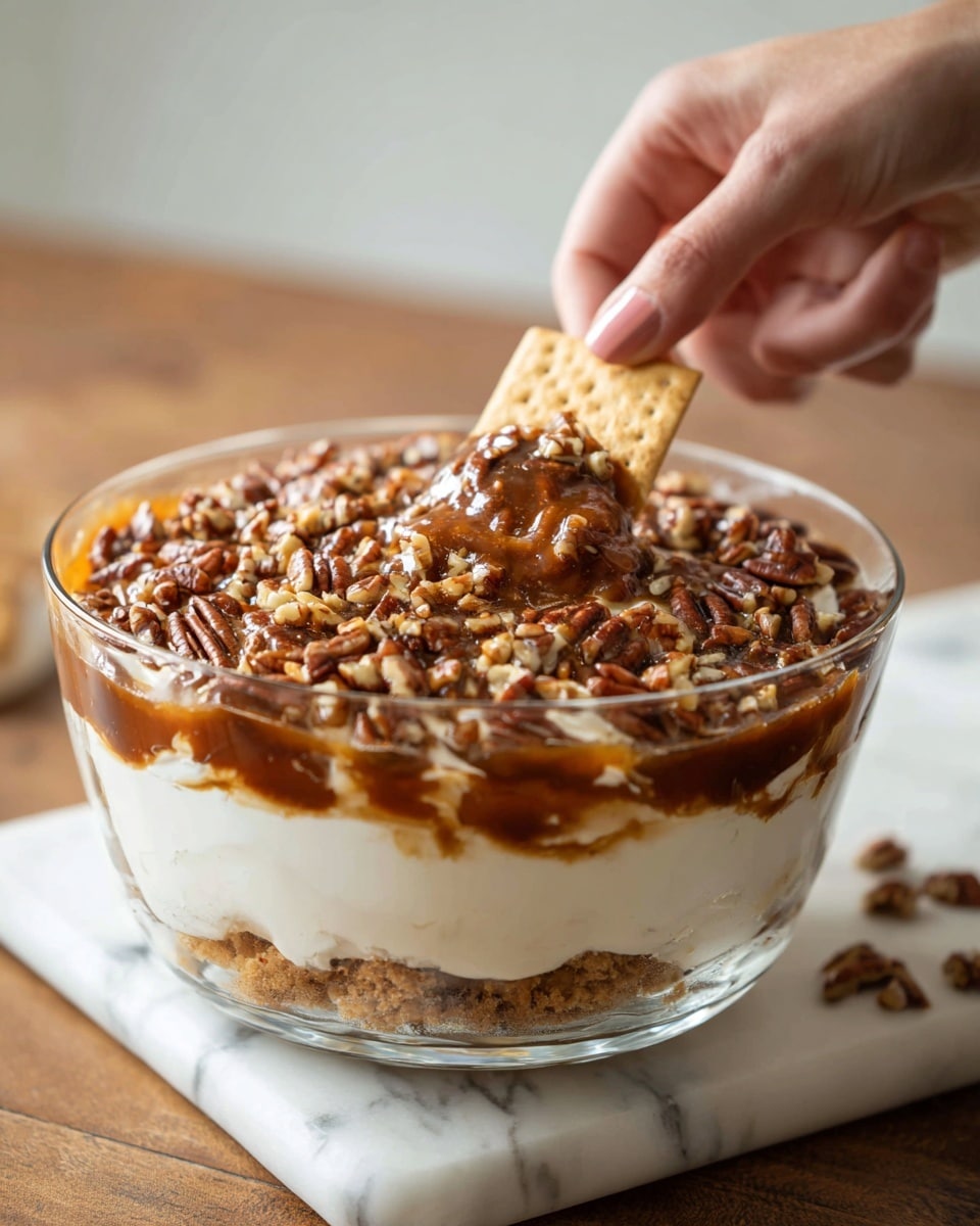 A white round glass dish is filled with a dip that has two layers: a bottom layer of smooth white cream and a top layer of thick brown sauce with visible small chunks mixed in. A woman's hand is holding a beige cracker dipped into the dish. The cracker has dollops of the white cream and brown sauce on it, with some shiny syrup visible on the top. The dish is placed on a white marbled surface with a blurred dark blue cloth in the background photo taken with an iphone --ar 4:5 --v 7