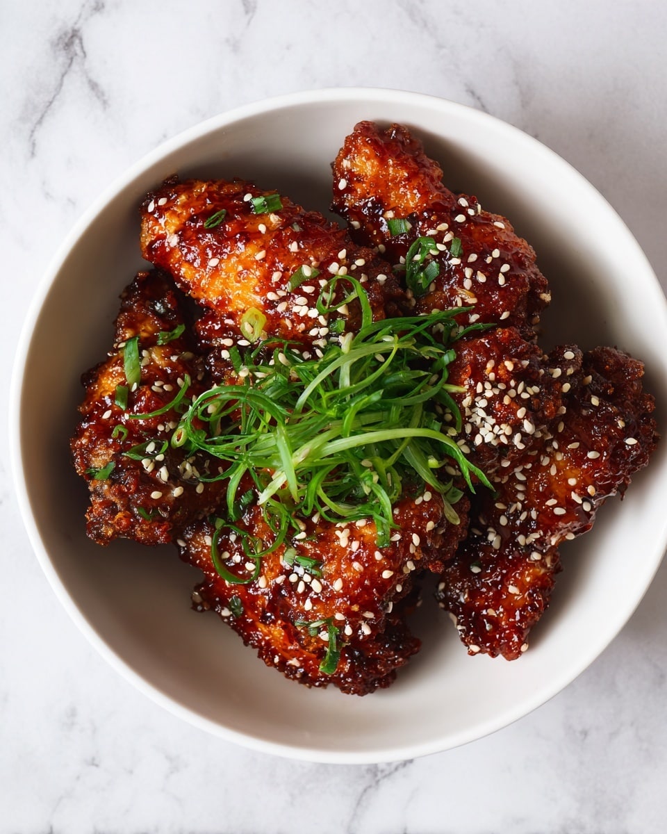 A white round bowl holds six pieces of fried chicken wings covered in a shiny dark reddish-brown sauce, sprinkled evenly with white sesame seeds. To the side of the wings, there is a small bunch of thinly sliced green onions, adding a fresh green contrast. The bowl is placed on a white marbled surface, and the image is taken from a top angle showing the details of the sauce texture and sesame seed sprinkling. photo taken with an iphone --ar 4:5 --v 7