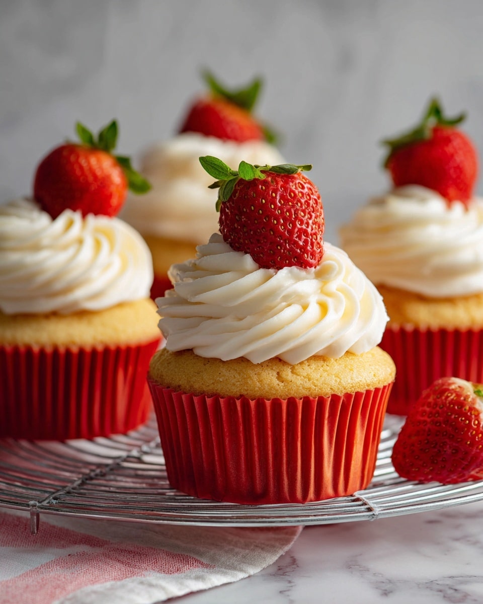 The image shows several cupcakes with three main layers. The bottom layer is light golden cake inside red cupcake liners. On top of each cupcake is a thick swirl of white creamy frosting with a soft texture. Each cupcake is topped with a bright red whole strawberry with green leaves. The cupcakes are placed on a round metal cooling rack over a white plate with red stripes on a white marbled surface. Photo taken with an iphone --ar 4:5 --v 7