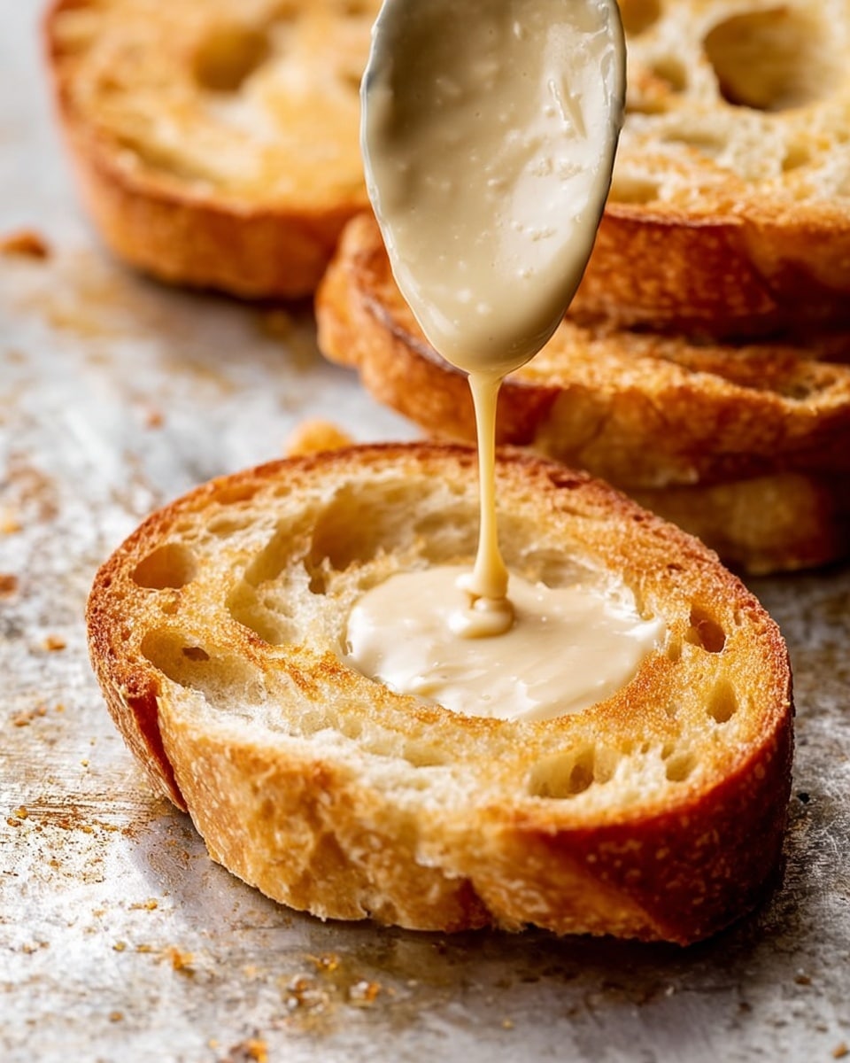 The image shows three toasted round bread slices on a scratched metal surface. The bread is golden brown with a crisp texture and airy holes inside. One slice is in front with a thick light beige sauce being poured onto its center from a spoon held by a woman's hand. The two other slices are partially visible, stacked in the background. The overall focus is on the sauce pouring down with a creamy and smooth flow onto the crispy toast. Photo taken with an iphone --ar 4:5 --v 7