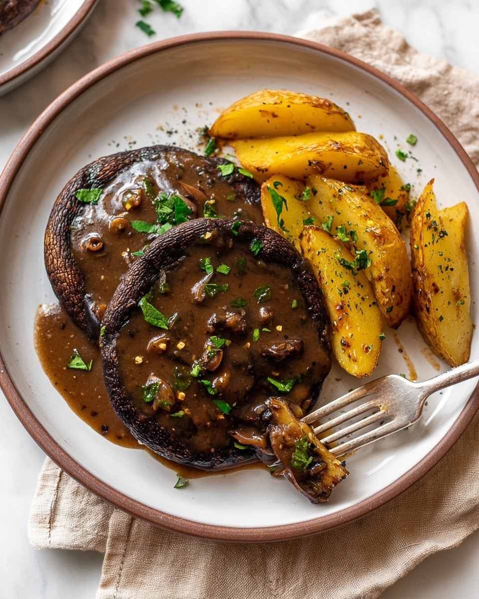 The image shows a white speckled plate with two large dark brown patties covered in a thick, glossy brown sauce that has visible peppercorns and small green herb pieces sprinkled on top. To the right of the patties, there is a pile of golden roasted potatoes with a slightly crispy texture, garnished with chopped green herbs. The plate rests on a white marbled surface. Photo taken with an iphone --ar 4:5 --v 7