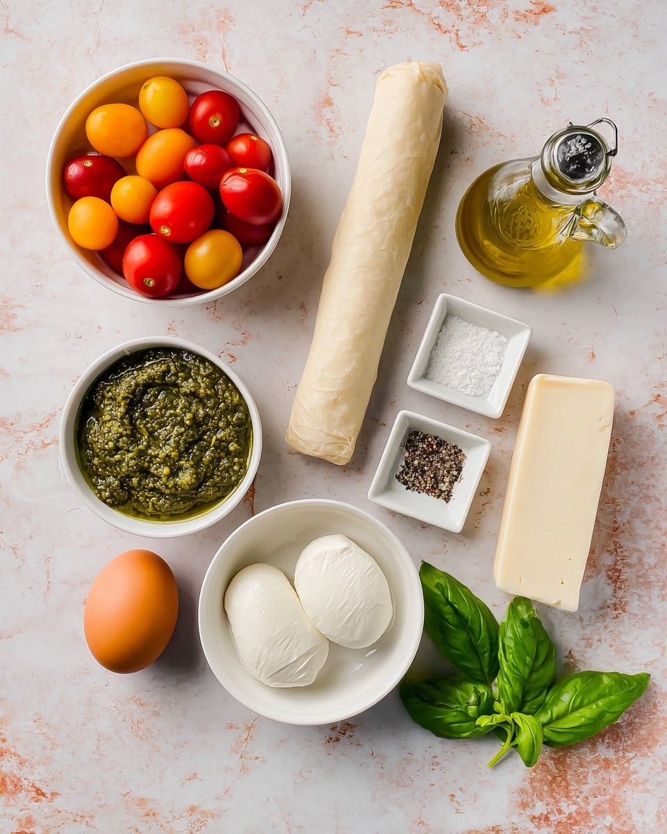 A top view of various food ingredients laid on a white marbled surface, including a white bowl filled with red, orange, yellow, and dark red small tomatoes in the top left. Below it, a small white bowl contains green pesto sauce with a textured oily surface. In the middle, a rolled piece of beige dough lies vertically. Above it, a small square white dish holds black pepper and salt side by side. To the right, a glass bottle of olive oil stands with a silver pour spout. Below it, a white bowl containing two smooth white slices of mozzarella cheese is placed near a bunch of fresh green basil leaves with smooth, glossy surfaces. At the bottom left, a brown egg rests on the marbled surface, and to the bottom right, an unwrapped log of white cheese with a soft texture is set. photo taken with an iphone --ar 4:5 --v 7