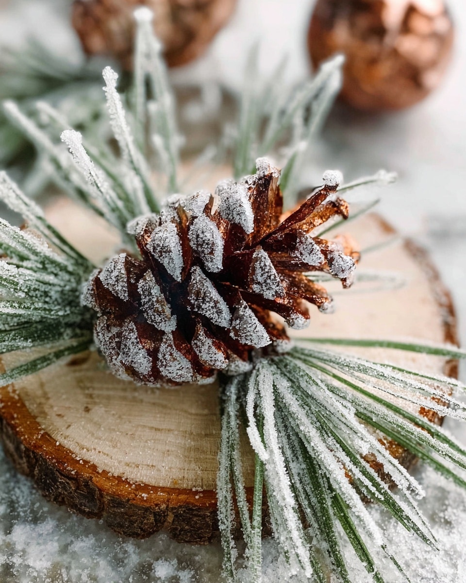 A close-up of a pinecone-shaped ornament covered in shiny copper and dark brown colors, dusted with a sparkling white coating that resembles snow, resting on a light wooden round slice with natural rings and cracks. Around it are green needles from a plant, each covered in a thick layer of white frost crystals. The surface beneath everything is a white marbled texture, and in the background, there is a blurred copper-colored decorative pinecone. photo taken with an iphone --ar 4:5 --v 7