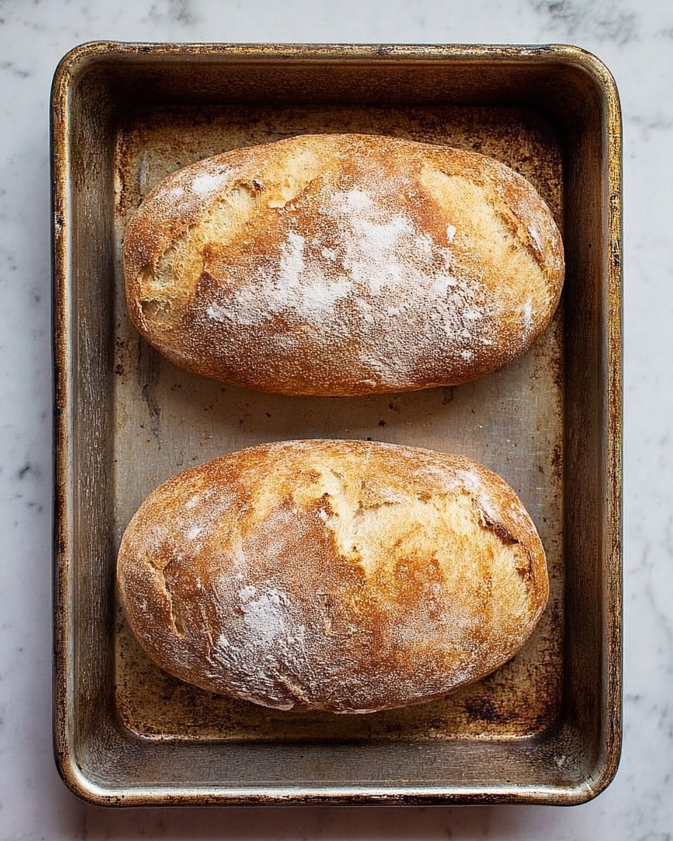 Two golden-brown loaves of bread rest inside a metal baking pan with a worn look, showing some baked-on spots. Each loaf is dusted with a light layer of white flour and has a rough texture with some small cracks and creases on the surface. The rectangular pan is placed on a white marbled background, adding a clean and simple contrast to the rustic bread. The image has a natural, overhead view showcasing the bread clearly. photo taken with an iphone --ar 4:5 --v 7