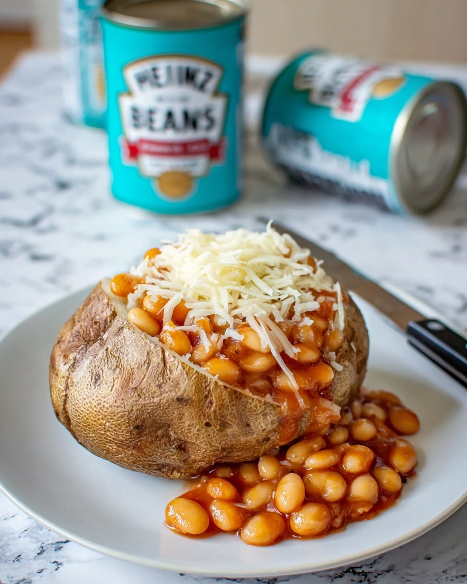 A baked potato with a brown, crispy skin is split open on a white plate placed on a white marbled surface. Inside the potato, there is a layer of soft white potato flesh followed by a generous pile of orange beans covering the center and spilling onto the plate. On top of the beans, there is a layer of shredded white cheese. In the background, two turquoise cans of Heinz Beans are visible, one standing upright with the lid open and a spoon inside, and the other lying on its side. A knife is placed beside the potato on the plate. Photo taken with an iphone --ar 4:5 --v 7