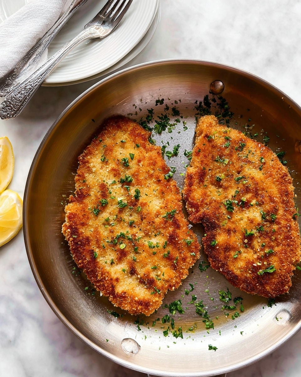 The image shows two golden brown, crispy patties served on a white plate. The patties have a crunchy texture with visible herbs sprinkled on top. Behind the patties, there are three lemon slices with green herbs on them, arranged in a layered fan shape. The plate is placed on a white marbled surface with a white cloth nearby and some lemon slices sprinkled around. There are hints of green herbs scattered over the plate and surface for garnish. Photo taken with an iphone --ar 4:5 --v 7