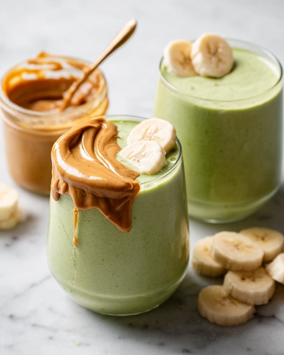 The image shows two clear glasses filled with a thick, light green smoothie, each topped with a dollop of light brown peanut butter that slightly drips down the side and three banana slices placed on top near the peanut butter. In the background, there is an open jar of peanut butter with a spoon inside and some banana pieces placed on a white marbled surface. The overall setting is bright with soft lighting highlighting the smooth texture of the smoothie and the creamy peanut butter. photo taken with an iphone --ar 4:5 --v 7