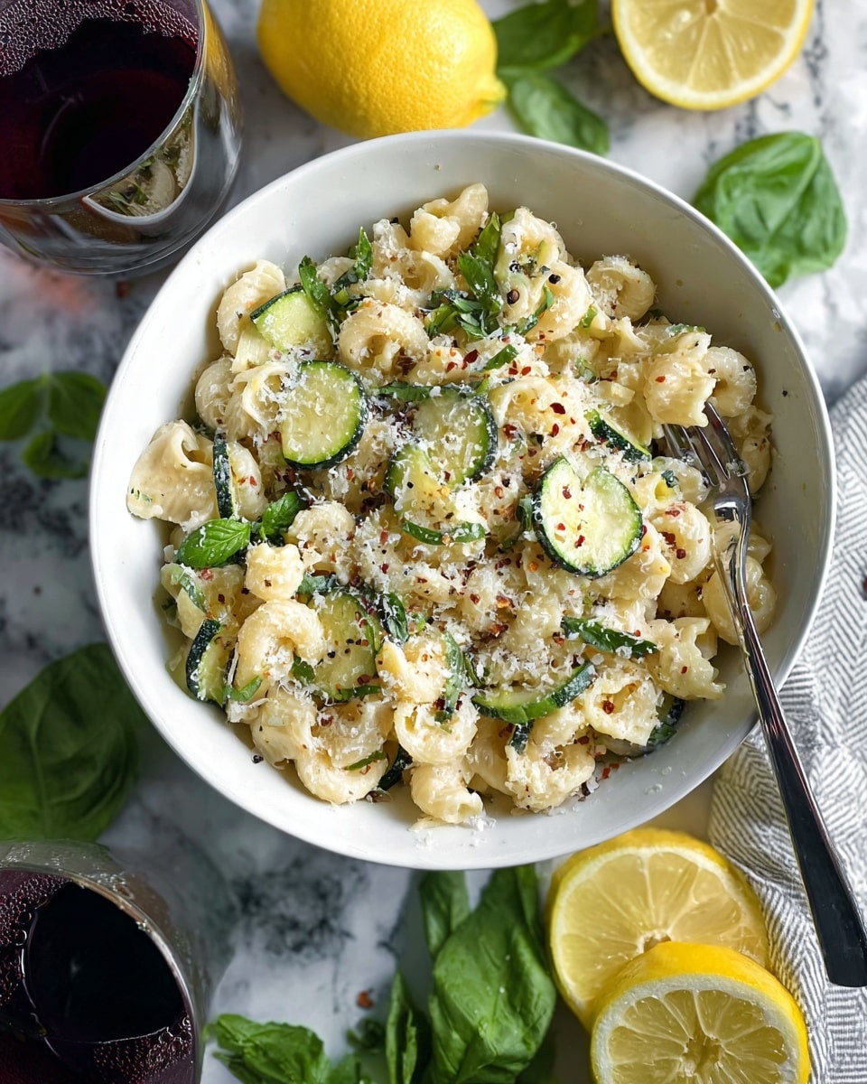 This image shows a white bowl filled with a creamy pasta dish made with curly pasta. The pasta is mixed with green slices of zucchini and small green leaves, all coated in a light white sauce with a sprinkle of grated cheese on top. There are tiny red pepper flakes and black pepper scattered over the dish, adding a touch of color. A fork rests inside the bowl on the right side, slightly digging into the pasta. The bowl sits on a white marbled surface, surrounded by fresh green leaves and two halved lemons with bright yellow flesh. Above the bowl, there is a glass of red wine, adding a rich contrast. photo taken with an iphone --ar 4:5 --v 7