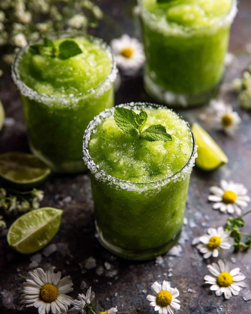 Three clear glasses filled with thick, bright green slush with a textured surface, each glass rim lined with coarse white salt. Each glass is topped with a small, fresh green mint sprig. The glasses sit on a dark surface with white chamomile flowers and green lime wedges scattered around them. The image shows two glasses in the foreground and one in the background. photo taken with an iphone --ar 4:5 --v 7