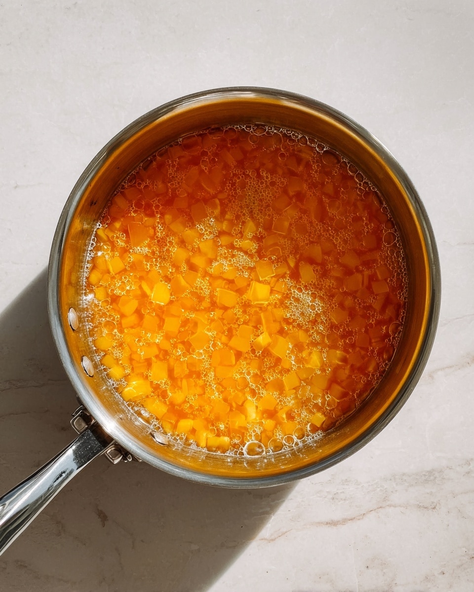 A close top view of a silver metal pot filled with small orange and light yellow diced pieces submerged in a clear orange liquid, with small bubbles on the surface. The pot has a shiny handle on the left and a visible handle bolt on the right, all placed on a white marbled surface with soft shadows. photo taken with an iphone --ar 4:5 --v 7