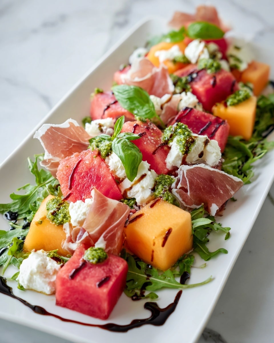 The image shows a colorful layered salad on a white rectangular plate placed on a white marbled surface. The bottom layer is fresh green leafy arugula spread evenly across the plate. On top, there are large cubes of bright red watermelon and orange cantaloupe, scattered throughout. Thin, curled slices of light pink prosciutto are arranged lightly over the fruit. There are creamy white crumbles of cheese sprinkled on top, adding texture. Bright green pesto dollops and small pieces of fresh basil are spread across the salad. A dark balsamic glaze is drizzled unevenly over the whole dish, completing the fresh and vibrant presentation. Photo taken with an iphone --ar 4:5 --v 7
