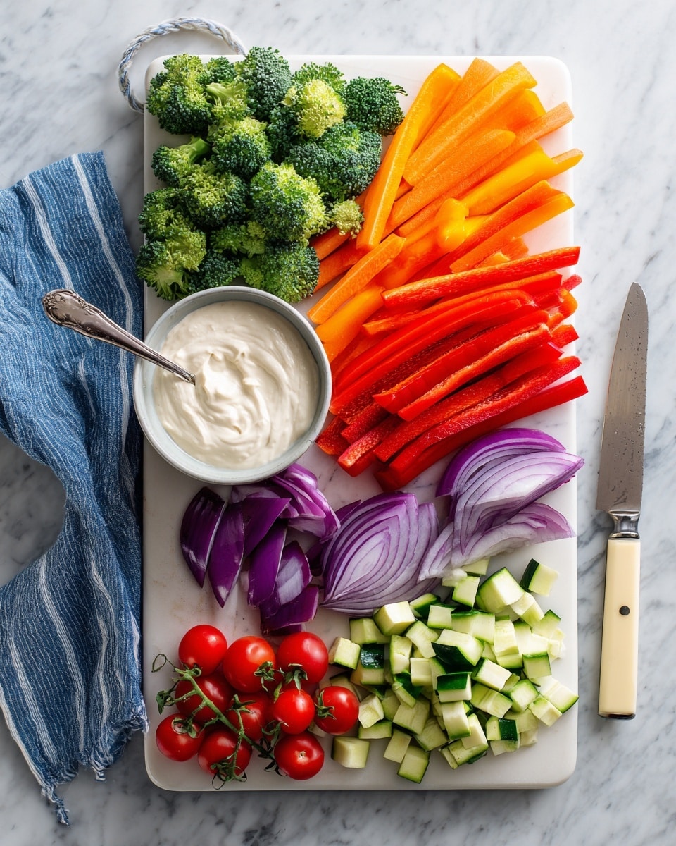 A white rectangular cutting board on a white marbled surface holds six groups of colorful fresh ingredients arranged neatly. At the top left, there is a pile of bright green broccoli florets. Below that, thin orange carrot sticks are lined up. To the right of the carrots, long red bell pepper strips extend diagonally. Next to the bell peppers, there are several slices of purple-red onion with visible layers. Below the onion, chopped green and white zucchini pieces are scattered, with some falling off the board near a cream-handled knife resting on the right edge. At the bottom left corner, a small bunch of bright red cherry tomatoes on the vine lies next to a bowl filled with a smooth, creamy white dip, with a silver spoon standing inside. A blue and white striped cloth is draped on the left side of the board. Photo taken with an iphone --ar 4:5 --v 7