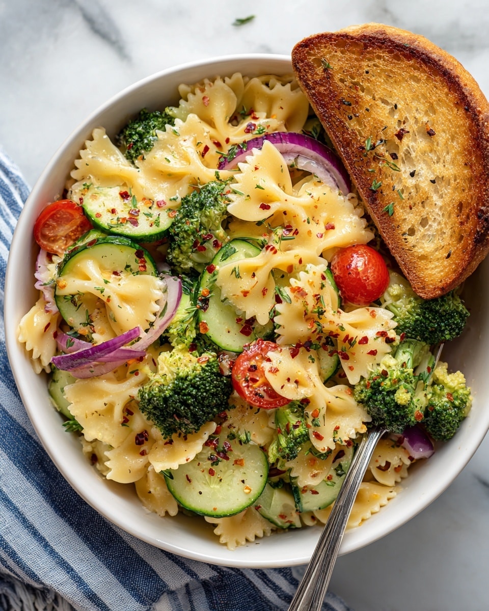 A white bowl filled with a creamy pasta salad featuring light yellow bowtie pasta mixed with bright green broccoli florets, sliced cucumbers, thin rings of light purple onion, cherry tomato halves, and thin strips of red bell pepper. The salad is sprinkled with red chili flakes and garnished with small green herbs. A golden toasted bread slice is placed on the right side of the bowl, and a silver fork is resting inside the salad. The bowl sits on a white marbled surface with a blue and white striped cloth partially visible underneath. Photo taken with an iphone --ar 4:5 --v 7