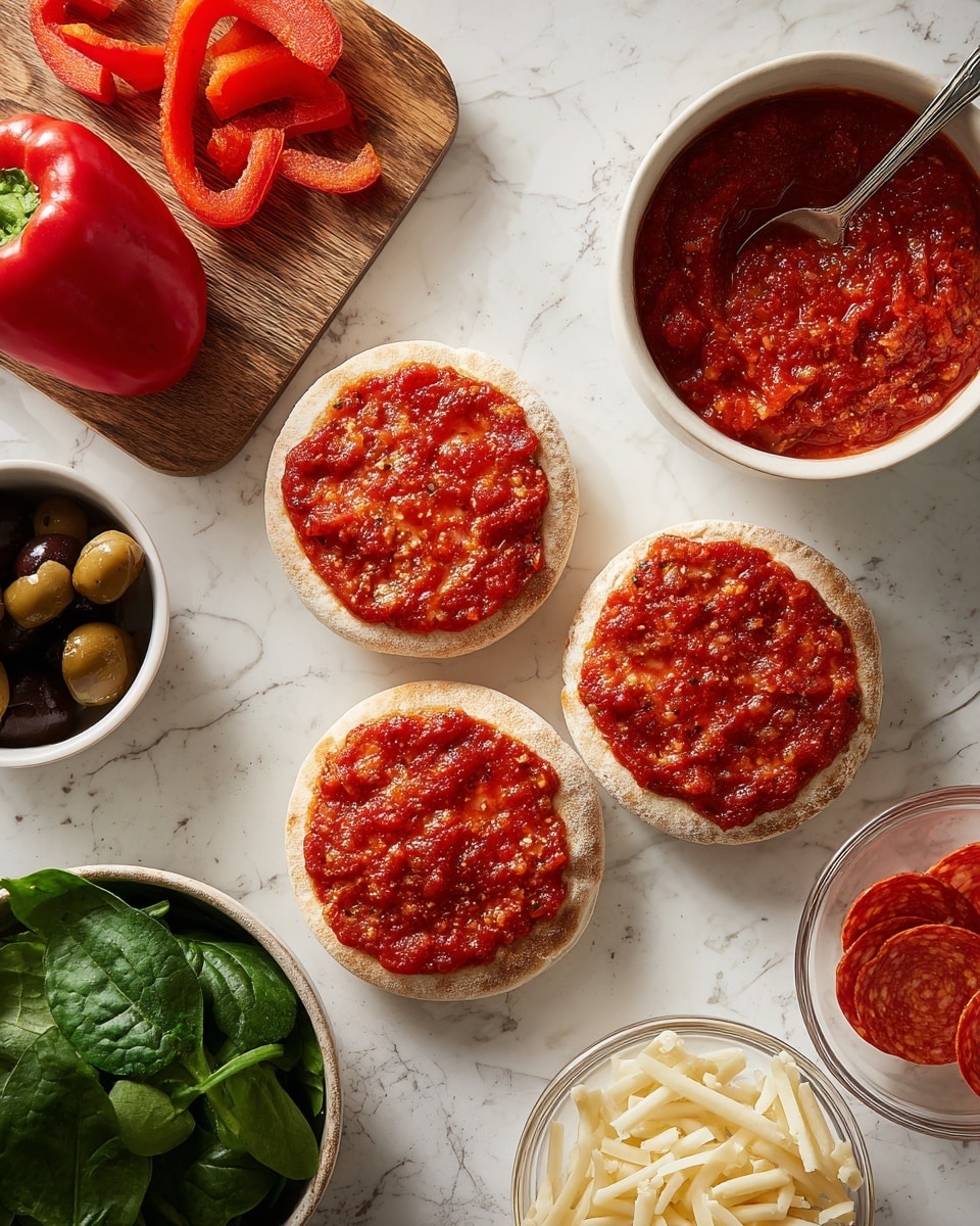 Three round half English muffins sit on a smooth white marbled surface, each topped with a textured, bright red tomato sauce spread evenly. Toward the top left is a wooden board holding small pieces of chopped red bell pepper next to a large half-cut red bell pepper with green stem. To the top right is a white bowl filled with a similar red tomato sauce, a silver spoon resting inside. Near the bowl is another white bowl filled with dark green fresh spinach leaves. In the bottom left is a small clear bowl with sliced black olives. Toward the bottom center are small white bowls with shredded cheese and stacks of pepperoni slices. The setting is bright with no other colors dominating the white marbled surface photo taken with an iphone --ar 4:5 --v 7