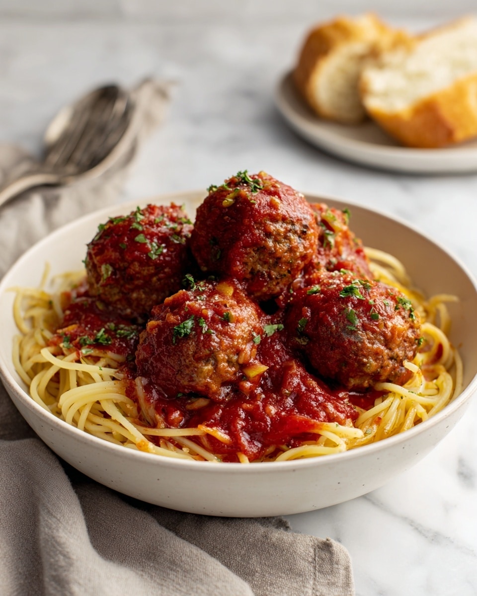 The image shows a white bowl filled with spaghetti at the bottom, covered by five large meatballs on top, all coated in a thick red tomato sauce with visible bits of herbs and small chunks of tomato. The spaghetti is pale yellow and slightly curled, mostly covered by the sauce and meatballs. The meatballs have a textured surface with bits of herbs inside. In the background, a piece of bread is placed on a white marbled surface along with a fork and spoon partially visible near the bowl. The photo taken with an iphone --ar 4:5 --v 7