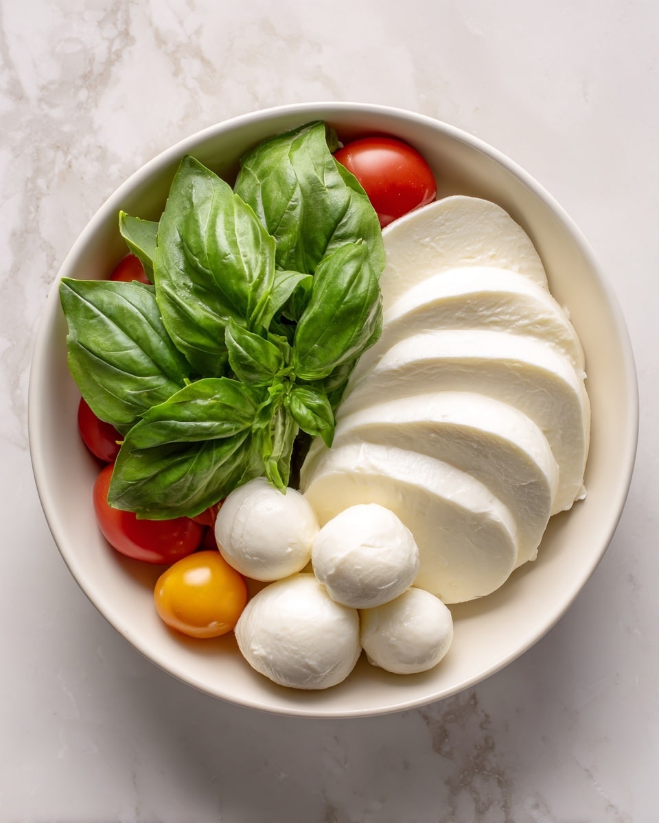 A white bowl holds three parts: on the left, a bunch of fresh green basil leaves with a smooth texture; on the right, two layers of white, smooth mozzarella slices arranged in a fan shape; and at the bottom, a group of small white mozzarella balls with a soft, smooth surface. The bowl is placed on a white marbled surface with some small red and yellow cherry tomatoes partially visible around the bowl. photo taken with an iphone --ar 4:5 --v 7